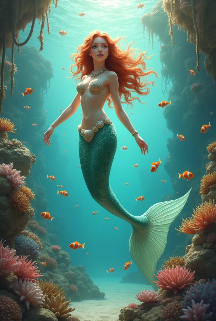 A mermaid in the sea, corals, poissons
