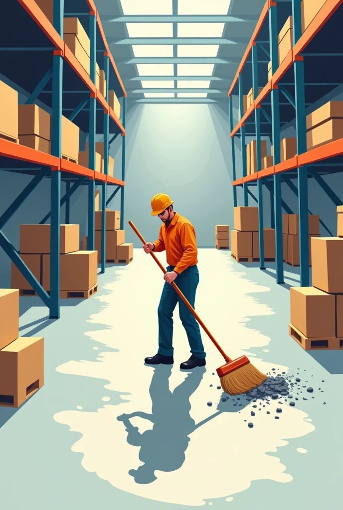 Generate a vector illustration, of a person sweeping the floor of a warehouse