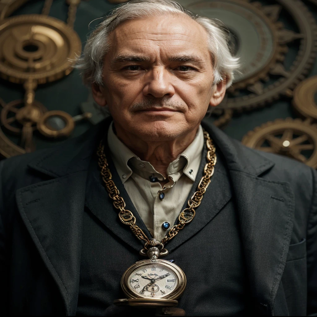 Pocket watch with bitcoin symbol and ultra-high definition chain, close-up of chest of elderly man wearing pocket watch, bitcoin symbol 
