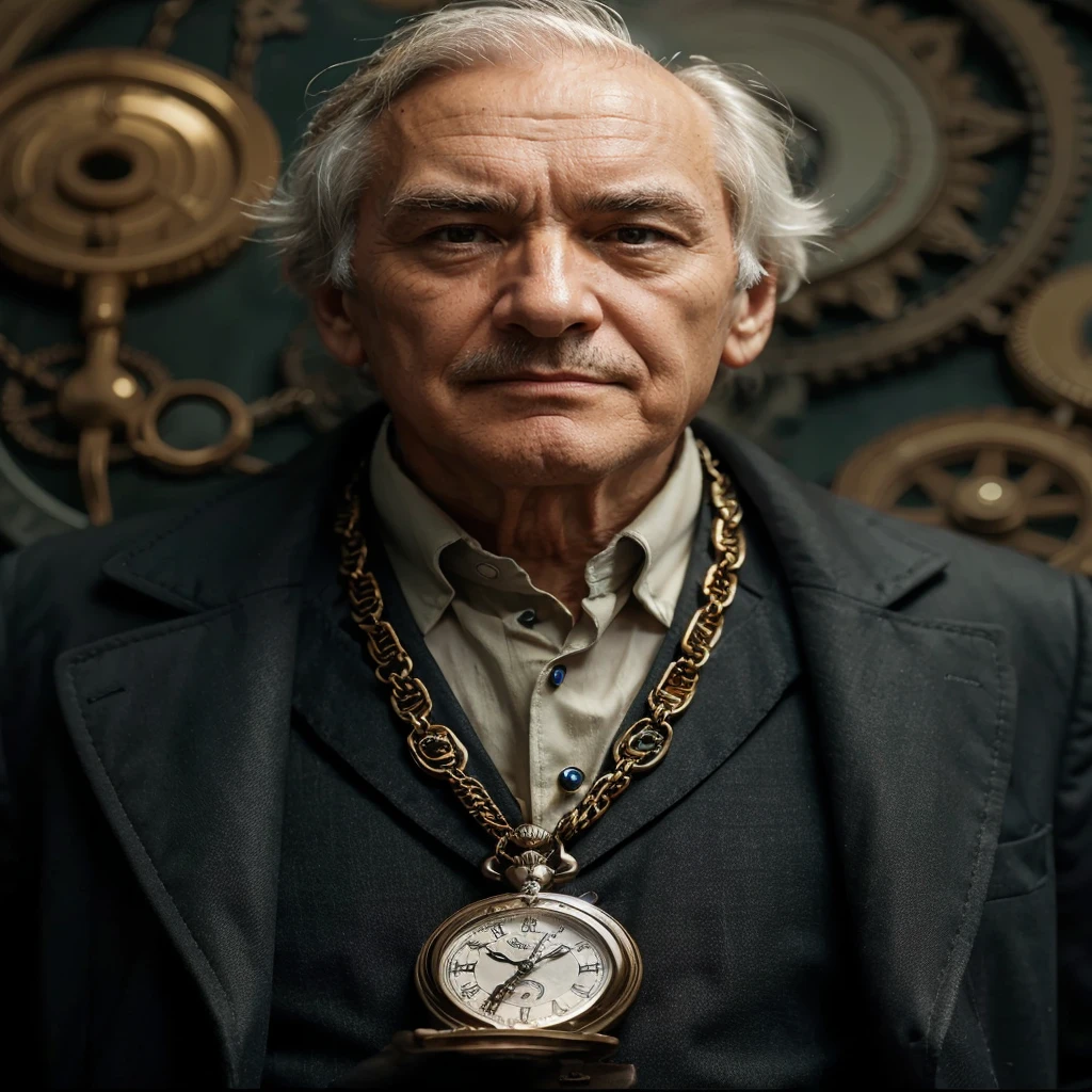 Pocket watch with bitcoin symbol and ultra-high definition chain, close-up of chest of elderly man wearing pocket watch, bitcoin symbol