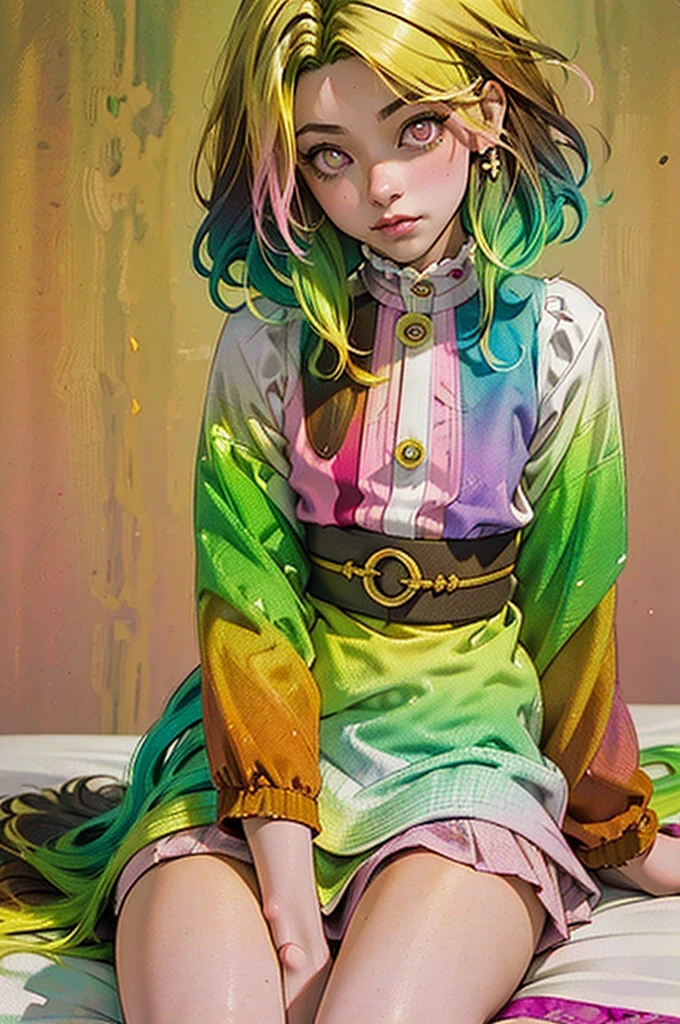 One Woman, alone, alone Focus,全身Full Shot,Portraiture,, Beaver,Half watercolor, Half Green, ((Brown Hair)), (Yellow Hair), (Gradient Hair :1.5), Curly Hair, ((Pink Eyes)), Very fine eye, work, White see-through, (Small TI quality, Very detailed,Full Shot,Sit on the bed,

