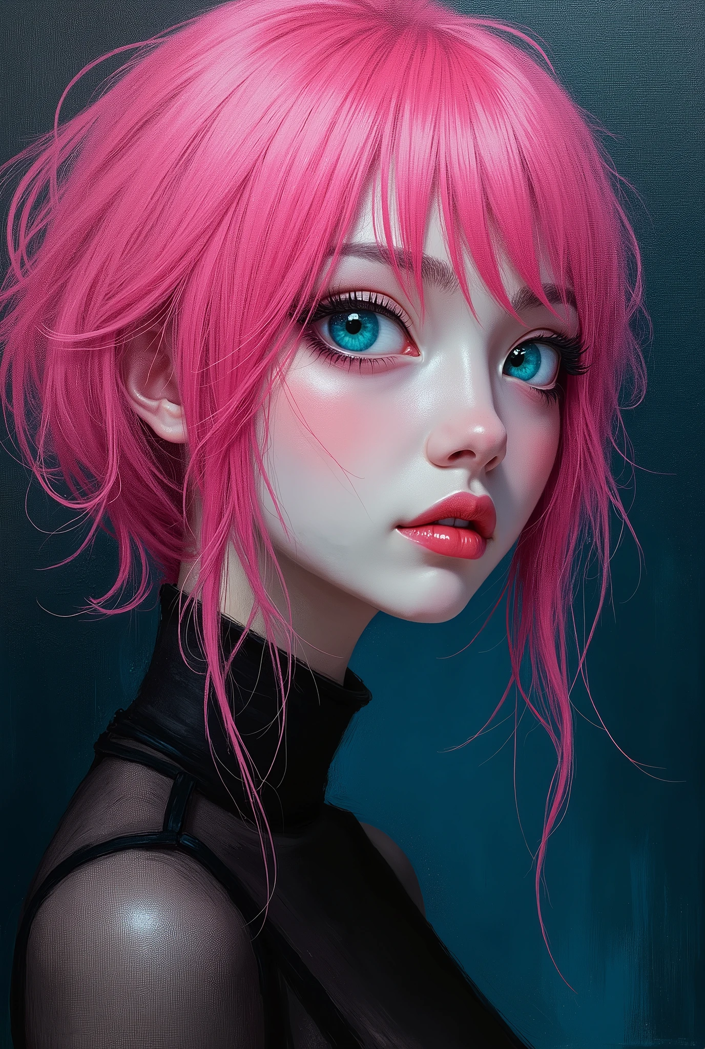 crazy, wild, gallery worthy, insane imagination, dark, mysterious, masterpiece, Amazing work of expressionist art, beautiful japanese woman, pink hair, big beautiful aqua eyes, ulzzang,