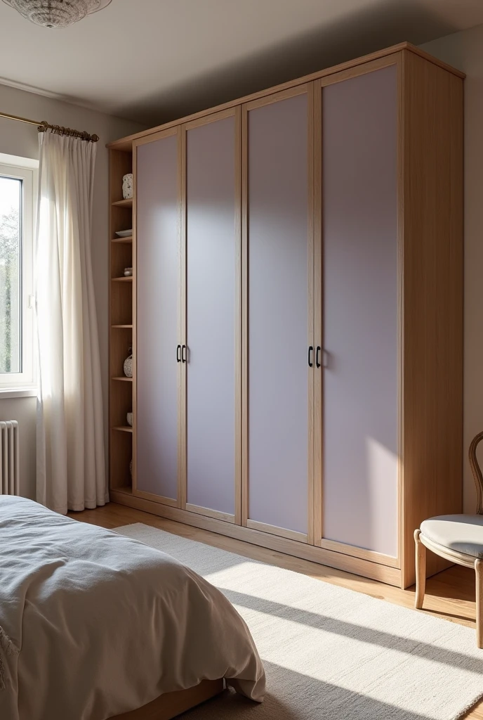 A spacious and cozy double bedroom in neutral gray tones, with wooden furniture in Provençal style, and at the back of the room there is a closet closed from ceiling to floor by a structure in frosted glass in lavender tones, with a door on the right side for access.
