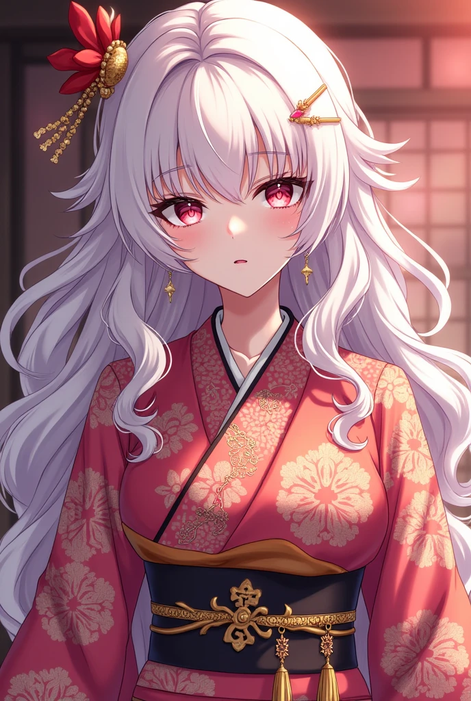 Albine women, pink-eyed, heart shaped pupils, long wavy hair, White color, wears a black kimono with gold, He has a scar on his right eye. The anime Kimetsu no Yaiba, anime, She is very extravagant wearing beautiful detailing on her updo hair.