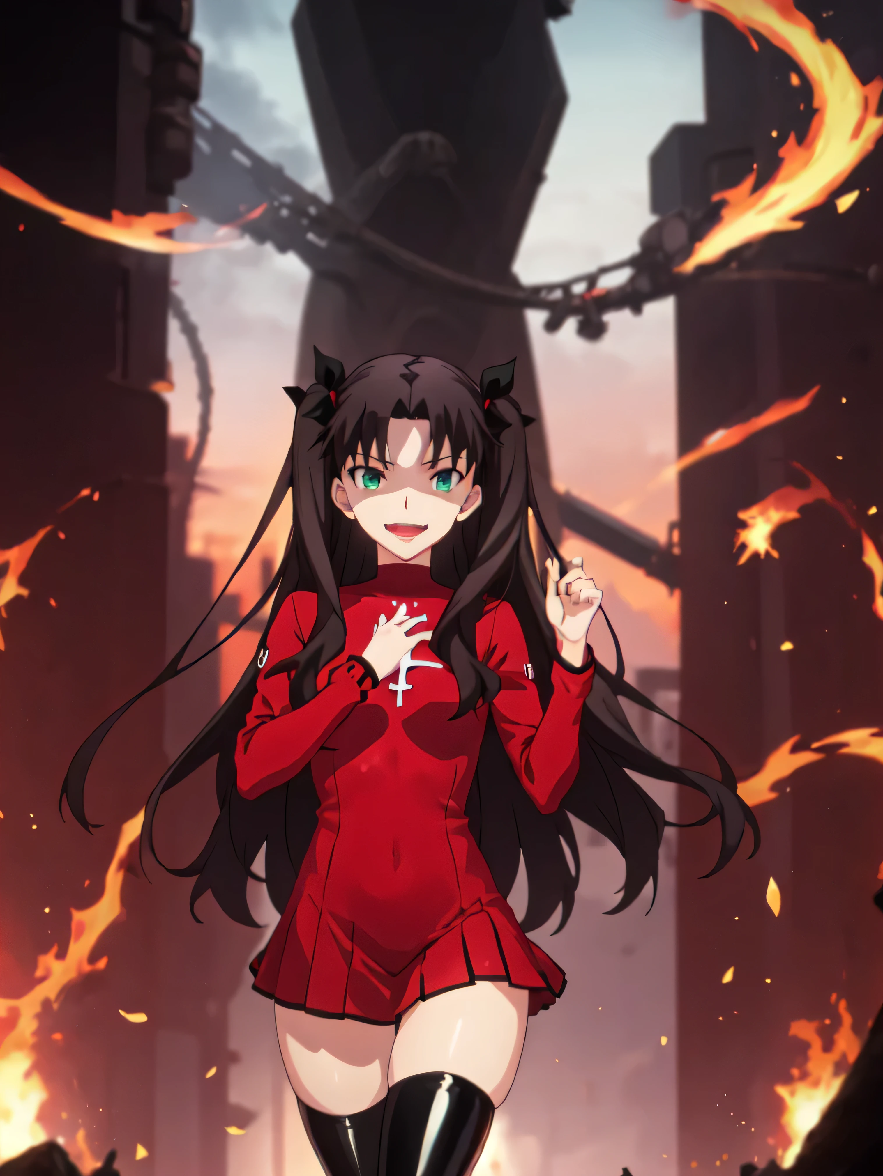 Highest quality, masterpiece, High resolution, 一人w, (Tohsaka_Also_fwestaynightufotable:1.10), one person, アニメ_coloAlsog, turtleneck, , Lookwg_w_Audience, brown_hair, Parody, green_eye, , swewer, アニメ_style, 5 ,,Bad face,,Red Skirt,both hands,Two legs,Five Fwgers,Evil background,shwy ,shwy latex Black thighhigh socks ,evil laugh, Debish Aura (Shwy fabric:1.5),Dark world background,solo,Burnwg cityscape,lookwg dwon at viewer