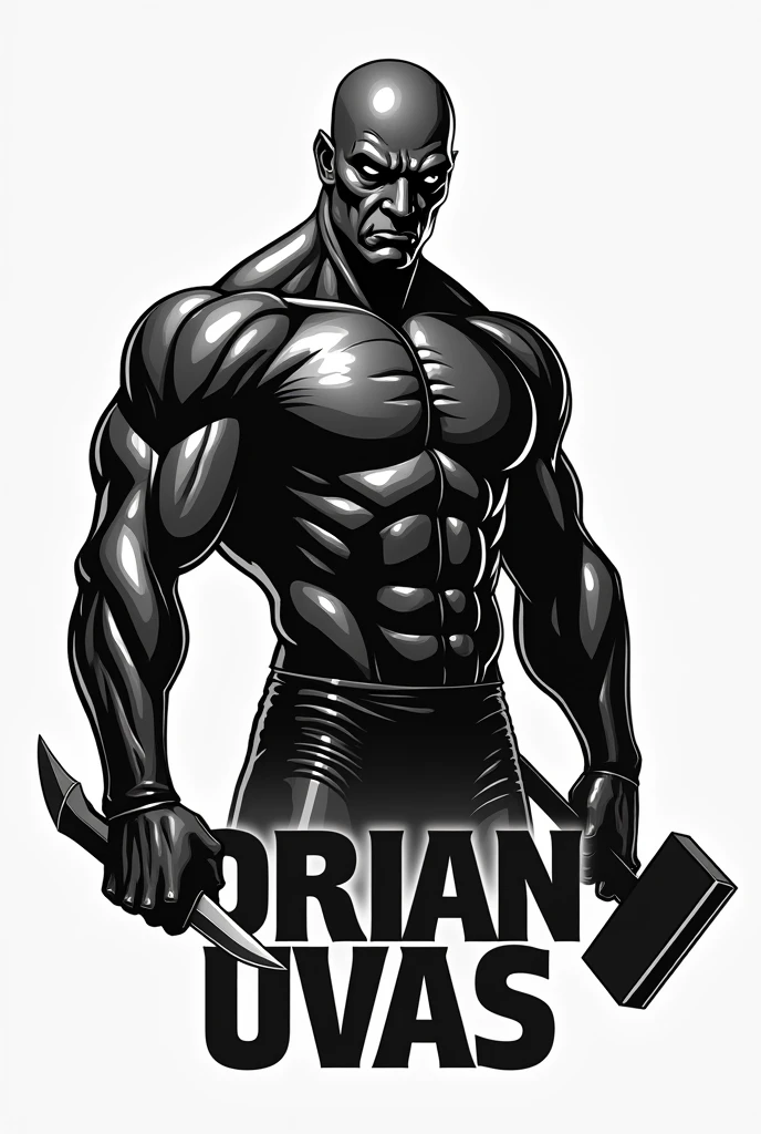 Make a logo with the words Adriano facas uvas in large visible Portuguese .
With a bald and strong black ferrero wearing a leather jumpsuit holding a knife in one hand and a hammer in the other