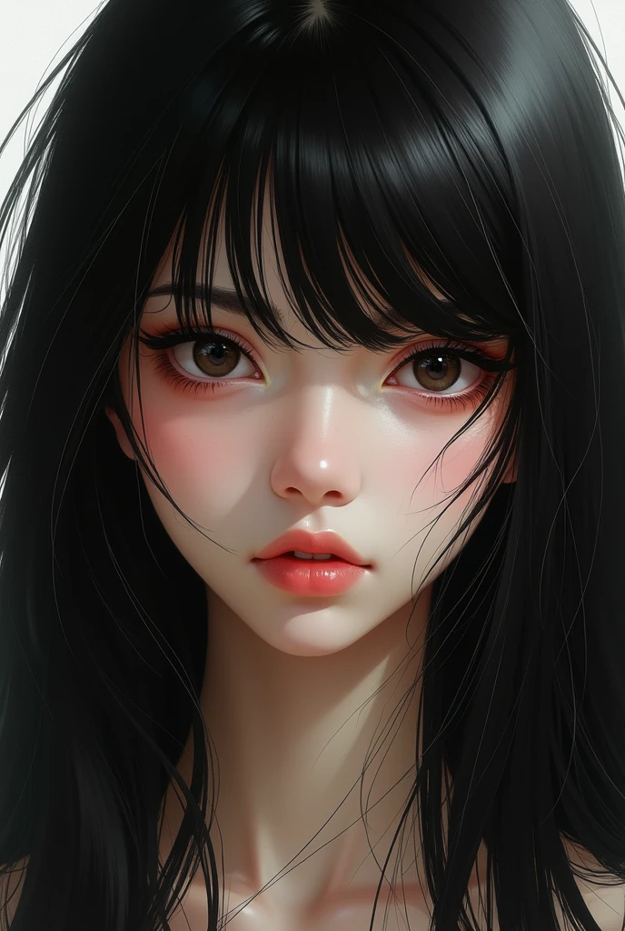 A WHITE, , with long black hair, with bangs and a beauty mark above her mouth and a teenage face