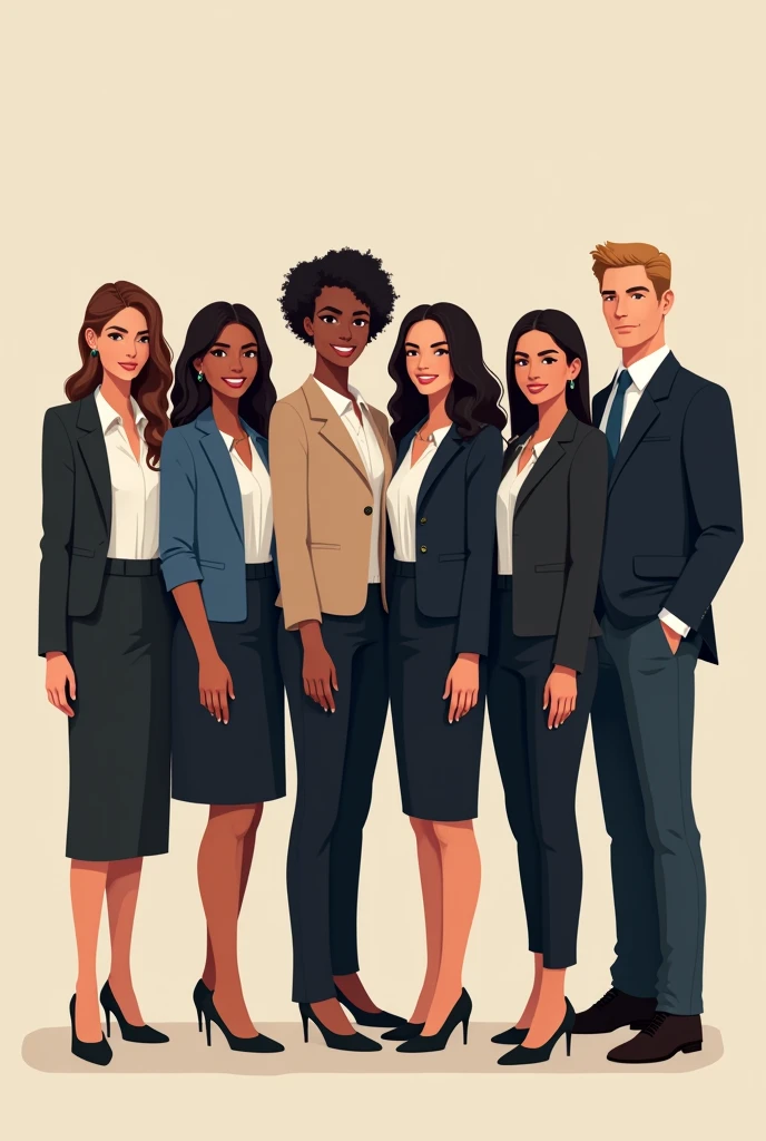 Legal team formed by 7 people side by side, They are: a woman of short stature, skin fair, short curly dark brown hair, SOCIAL CLOTHES; uma mulher de estatura média de skin fair, long dark brown wavy hair, SOCIAL CLOTHES; uma mulher de estatura média de skin fair, LONG STRAIGHT BLACK HAIR, SOCIAL CLOTHES; uma mulher de estatura média de skin fair, more full-bodied, LONG STRAIGHT BLACK HAIR, SOCIAL CLOTHES; a woman of average height with brown skin, medium wavy dark brown hair, SOCIAL CLOTHES; a woman of average height with brown skin, medium wavy light brown hair, SOCIAL CLOTHES; tall man, skin fair, short blonde hair, SOCIAL CLOTHES; realistic styling.