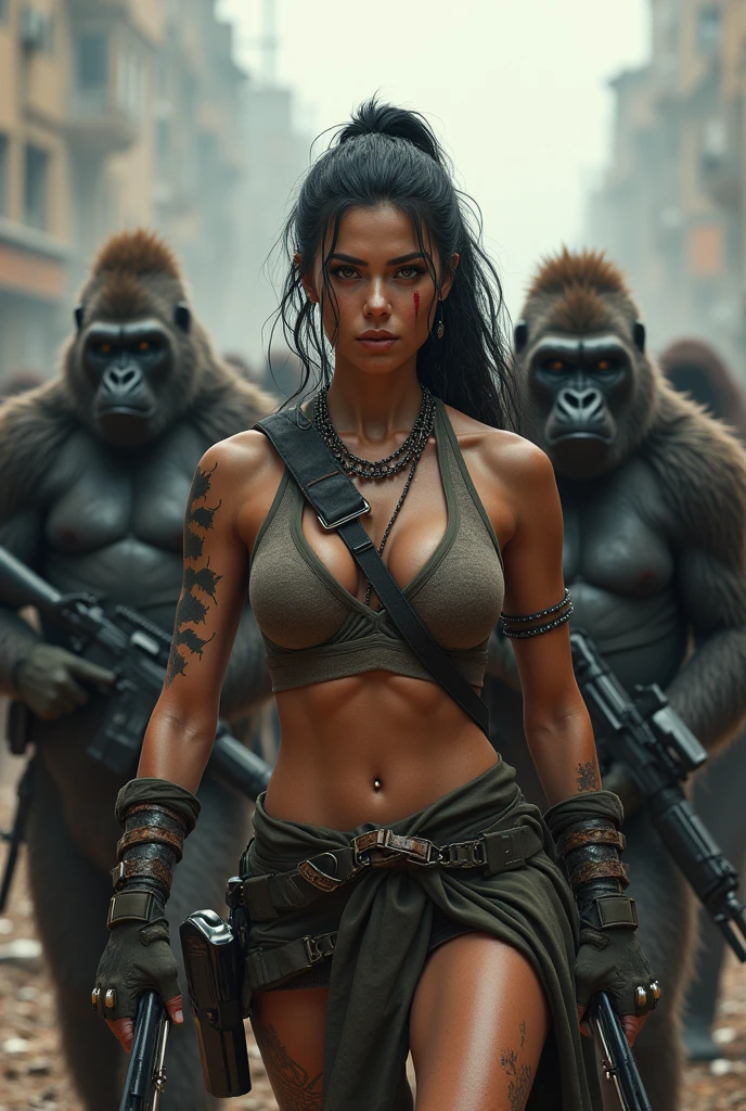 Female fighters in a war mym on the clothing. Being protected by a Gorilla army in tactical gear with MYM on their chest