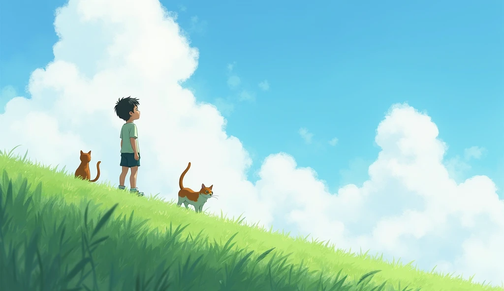 4k wallpaper, art painting style, a lot of white clouds and blue sky, a boy and two cats standing on the sloped grass field, face to the sky