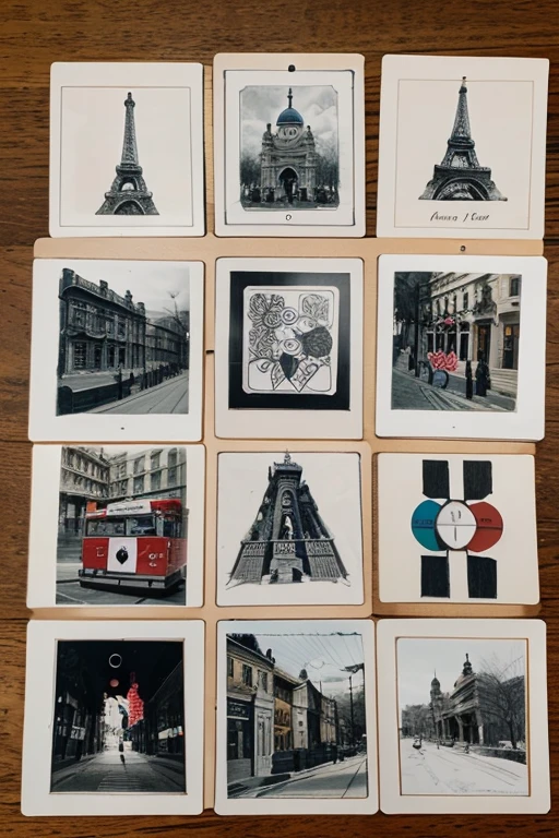 Collage of 9 drawings. There is a magnet in each picture, Souvenirs