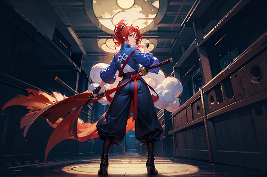 anime girl with red hair and blue shirt holding a spear, natalie from epic battle fantasy, struggling pose, struggling pose, dishonest anime girl, katana zero video game character, badass pose, girl of the zodiac knights, saiyan girl, inspired by Leiko Ikemura, king of fighters character, gainax anime style, inspired by Rei Kamoi 