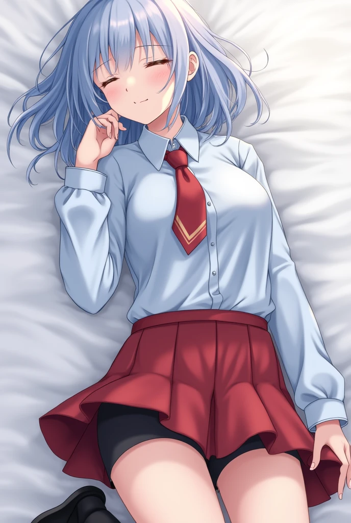 A 1 girl is lying down, She has a school uniform which consists of a light blue blouse., red tie and short red skirt. She wears shorts under her black skirt.. She wears short socks as if they were anklets and black ballerinas..
Her hair is waist-length and light blue in color. (almost blue), His eyes are closed. Her breasts are large and she is light-skinned..