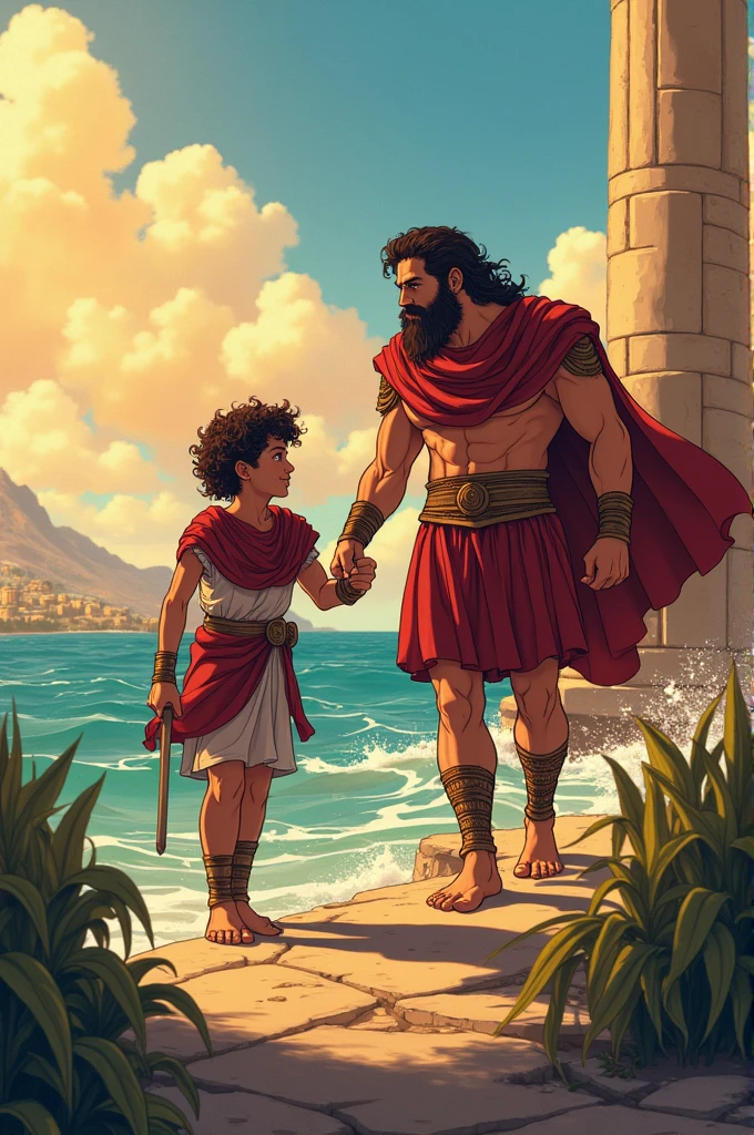 Create 5 cartoons of the Iliad by the Greek poet Homer and draw a five-cartoon cartoon based on the following::
1:The escape from Troy: Aeneas escapes from the burning city, carrying his father Anchises on his shoulders and leading his son Ascanius by the hand.
2:The journey through the Mediterranean: The Trojans face numerous storms and dangers sent by Juno, who hates the Trojans and wants to prevent them from founding a new powerful city.
3:The Meeting with Dido: Aeneas arrives in Carthage, where he falls in love with Queen Dido. Their love is intense and passionate, but it is destined to be tragic, since the gods have other plans for Aeneas.
4:Arrival in Italy: Finally, Aeneas reaches the shores of Italy, where he will face various tribes and Turnus, king of the roaches, who opposes its establishment.
5:The founding of Rome: After defeating his enemies, Aeneas founds a new city, which will be the germ of the future Rome.