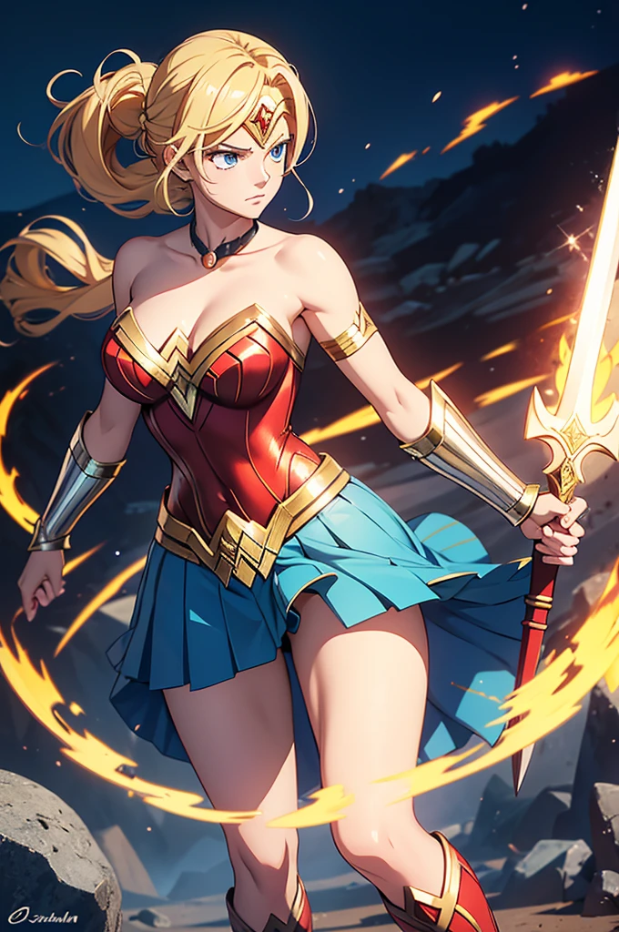 
Visualize a gender-swapped Sanji from *One Piece* as a powerful and regal Wonder Woman. Her signature blonde hair is styled in a sleek, elegant manner, possibly in loose waves or a chic updo, showcasing her strong yet feminine presence. Her bright blue eyes are fierce and determined, reflecting Wonder Woman's strength and nobility.

She is dressed in a stunning Wonder Woman-inspired outfit:

- **Armor:** A form-fitting, iconic red and gold bustier with the traditional eagle emblem in gold across the chest. The armor is detailed with intricate patterns and metallic finishes, highlighting her heroic and regal appearance. She pairs this with a blue skirt or shorts featuring white stars, matching Wonder Woman’s classic look.
- **Accessories:** Golden, knee-high boots with a detailed, polished finish that complements her armor. A pair of golden bracelets on her wrists, styled to resemble Wonder Woman’s iconic cuffs, add to the look. She might also have a golden tiara with a red star emblem, symbolizing her royal status.
- **Additional Gear:** She holds Wonder Woman’s signature lasso of truth, which could be glowing or shimmering to emphasize its magical properties. Additionally, a shield or sword might be included, held confidently or displayed prominently to showcase her warrior prowess.

Sanji’s pose is strong and commanding, possibly standing with one hand on her hip and the other holding her lasso or weapon, projecting authority and courage. Her expression is confident and resolute, with a determined gaze that reflects her heroic spirit.

The background could be a grand, mythological setting such as an ancient battlefield or a majestic temple, adding to the epic and powerful atmosphere. The image should capture Sanji’s transformation into Wonder Woman with detailed attention to her costume and accessories, ensuring a visually striking and empowering representation of female Sanji as Wonder Woman.