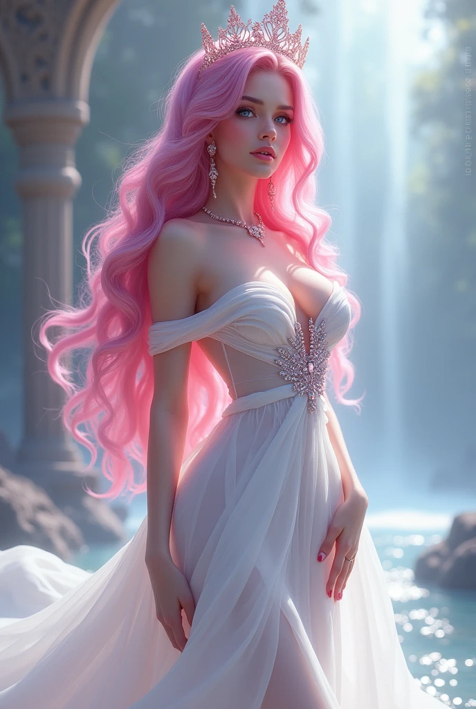 Lean but curvy princess, Long pink hair, bright crystal blue eyes,a crown with dimons, long white flowy dress with pink jewelry, white heels, and plum pink lips