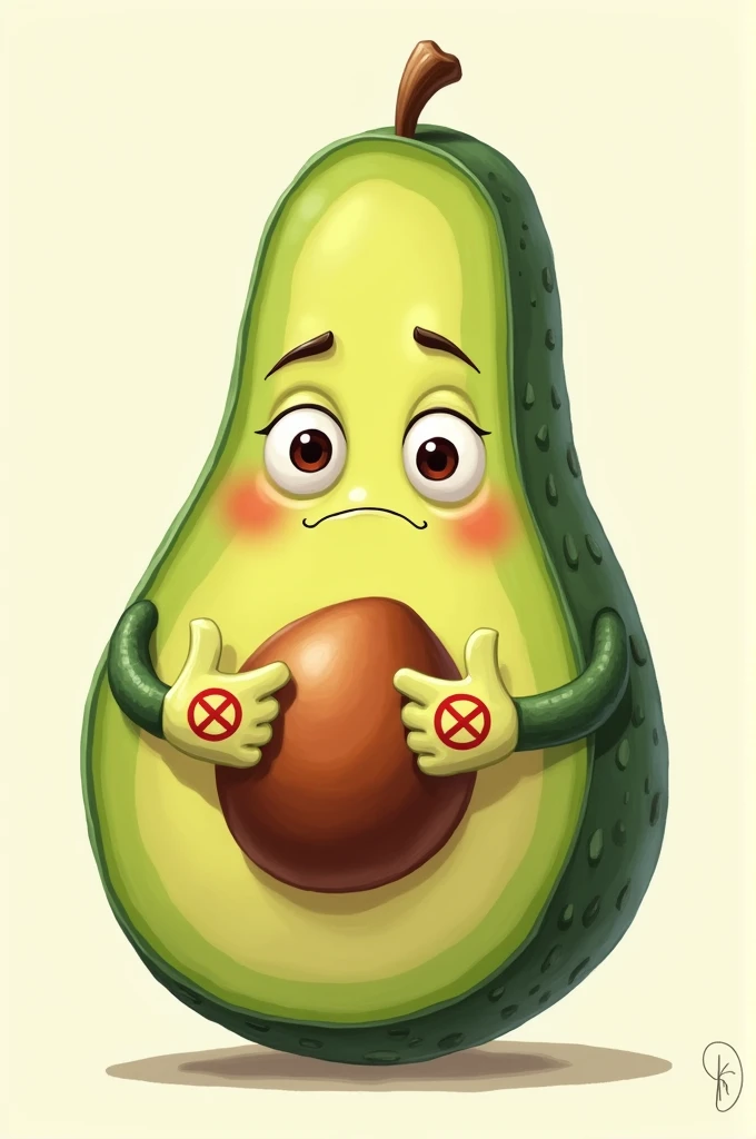 Una palta con ojos y boca con un signo 🚫 en las manos