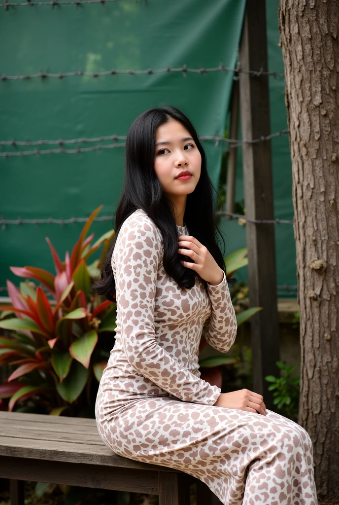 portrait-style photograph featuring a young woman seated on a wooden bench. The layout is vertical, with the subject positioned slightly to the right of the center. She has long, dark hair cascading over her shoulders and is wearing a fitted, long-sleeved dress with a brown and white floral pattern. Her skin is light, and she has a calm expression with her right hand placed gently on her chest. In the background, there is a tree trunk to her right, and a fence with barbed wire and green tarpaulin behind it. There are also some plants with red and green leaves near the fence, adding a touch of nature to the scene.