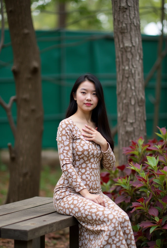 portrait-style photograph featuring a young woman seated on a wooden bench. The layout is vertical, with the subject positioned slightly to the right of the center. She has long, dark hair cascading over her shoulders and is wearing a fitted, long-sleeved dress with a brown and white floral pattern. Her skin is light, and she has a calm expression with her right hand placed gently on her chest. In the background, there is a tree trunk to her right, and a fence with barbed wire and green tarpaulin behind it. There are also some plants with red and green leaves near the fence, adding a touch of nature to the scene.