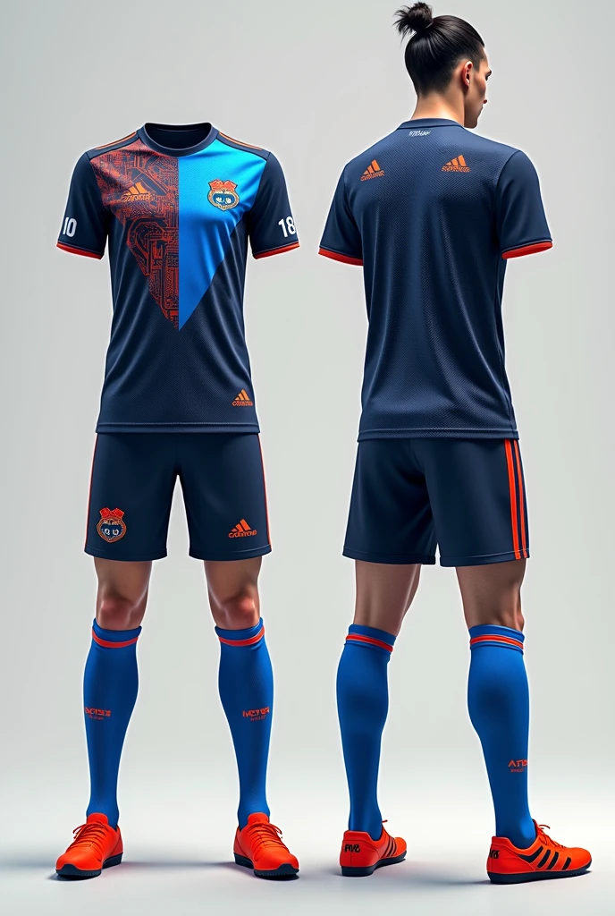 Create a soccer team uniform that references the specialties of architecture, accounting, electricity and electronics 