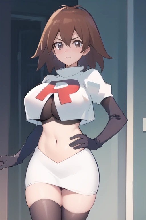 masterpiece, best quality,   makurada junko, looking at viewer, large breasts, cowboy shot, team rocket,team rocket uniform,white skirt,red letter R,crop top,black thigh-highs,black elbow gloves