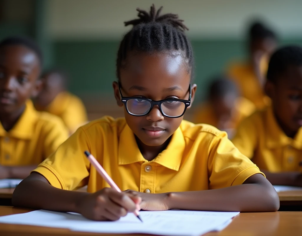 Developing cultural and intellectual skills, education according to the curricula prescribed for students , receiving information in the classroom, a close-up picture of a african student with glases wearing a yellow uniform sitting on a school desk, performing school assignments