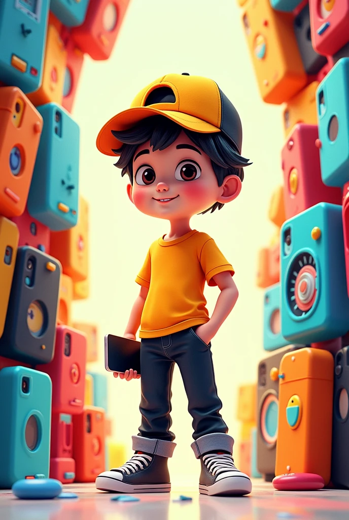 A boy 3d doodle wear black trouser and yellow t shirt and p cap standing between  mobile phones holding mobile phone in hand and smile 