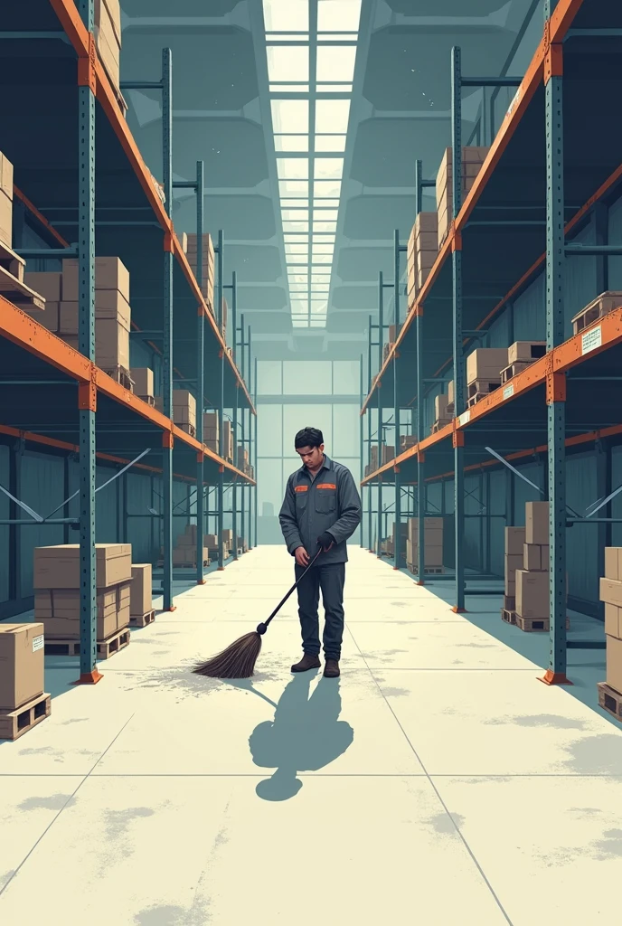 Generate a vector illustration, of a person sweeping the floor of a warehouse where there are only empty shelves