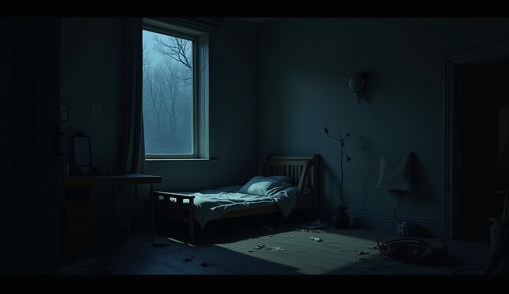 make a dark room, messy, in the middle of the night, with a single bed leaning against the wall next to an open window showing the darkness of the night.