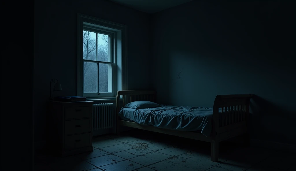 make a dark room, messy, in the middle of the night, with a single bed leaning against the wall next to an open window showing the darkness of the night.