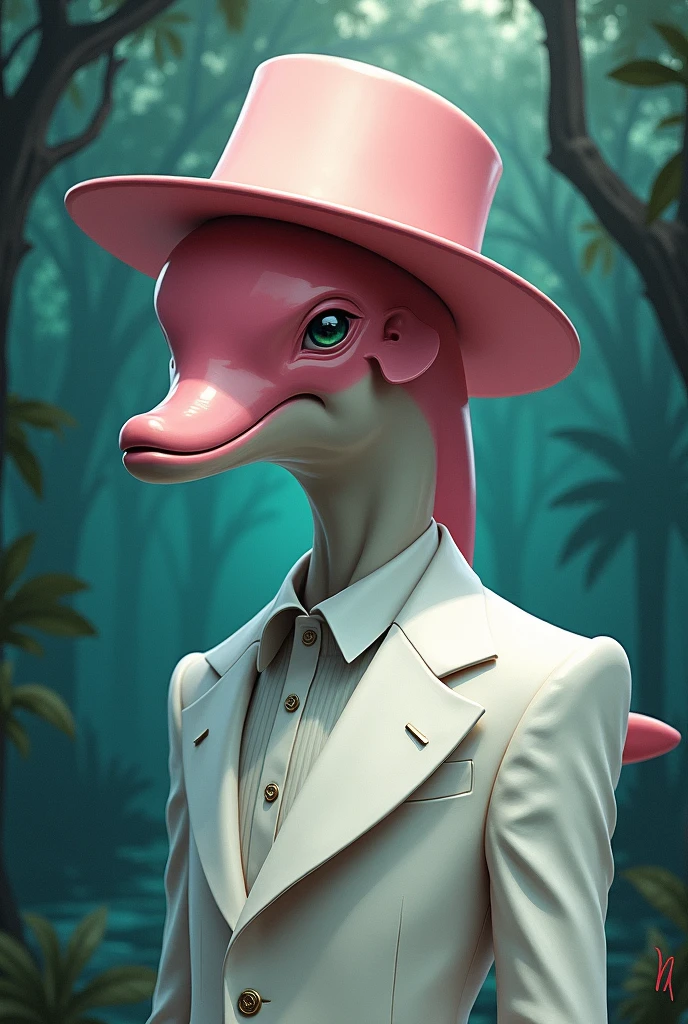 Scenario: boto cor de rosa se transformando em um naughty man, dressed elegantly in white, with hat and deep look.
illustration: naughty man, with eyes that reflect the depths of the river.