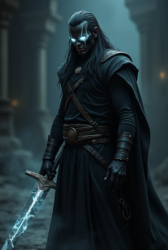 A 20 year old angry European warrior male with long buzzing hair and no beard, luminous white eyes, and a scary black all face with luminous veins, wearing a full black outfit, holding a magical fragmented sword, standing in a dark place and looking to the left