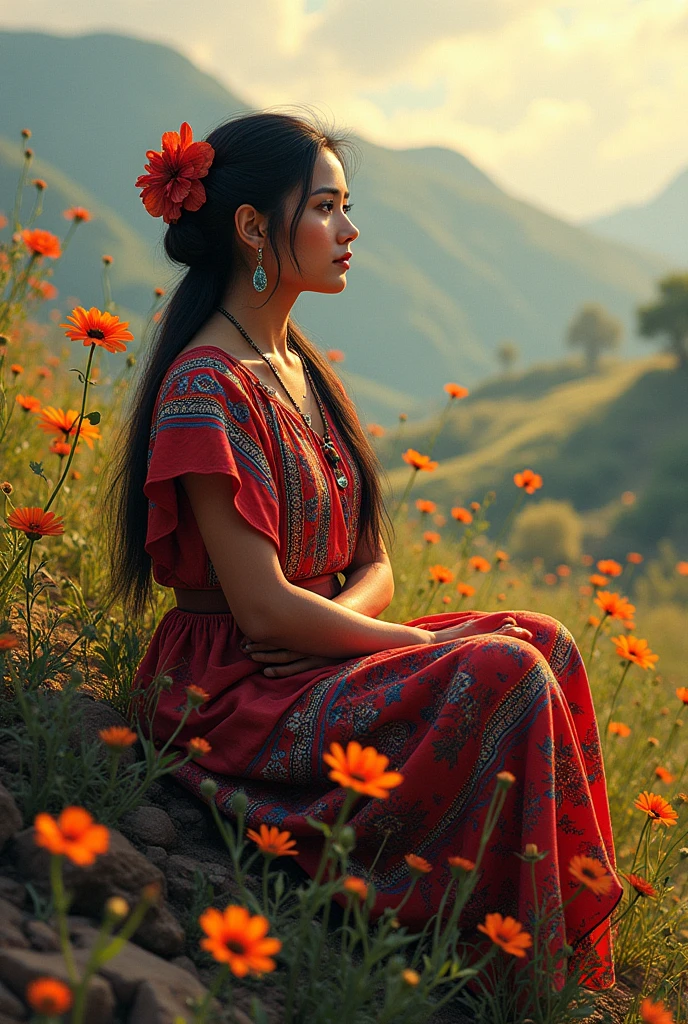 An image of a woman dressed as a choppca from Huancaavelica who is sitting in the countryside surrounded by animated flowers