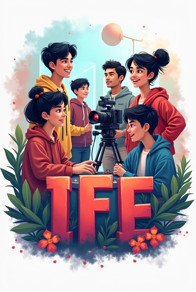 Create a logo for YouTube with these initials IFE, image white teenagers with black hair and two women and a man playing v