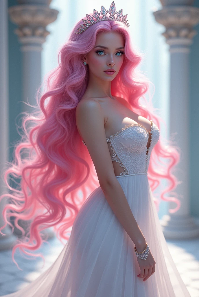Lean but curvy princess, Long pink hair, bright crystal blue eyes,a crown with dimons, long white flowy dress with pink jewelry, white heels, and plum pink lips