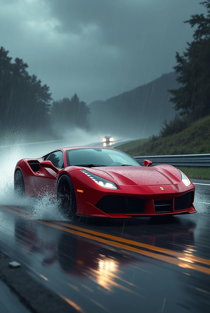 Two cars together racing in rain