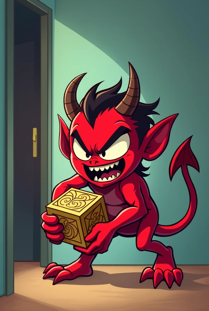 An angry cartoonish Perp mini devil carrying a small cube out of a room