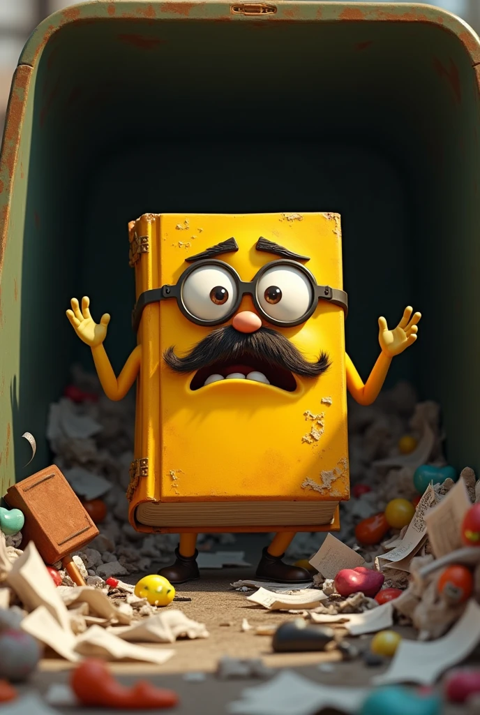 Create a pixar style image of a yellow book scene that has eyes, glasses, mustache and mouth that is desperate to get out of a dumpster, but he doesn't succeed