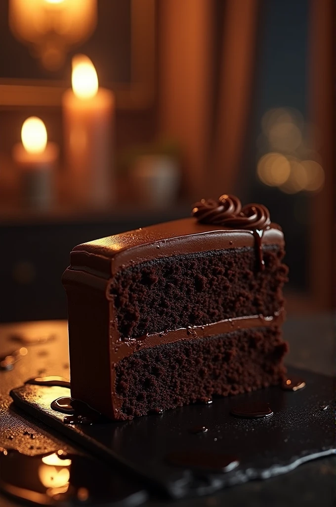Chocolate cinematic movie scene, bolo de chocolate, darkness background, quality photo, Wet texture, penthouse, studio photo, slice. shallow depth of field, vignettes, highly detailed, high budget, bokeh, cinemascope, temperamental, epic, comely, film grain, grainy.