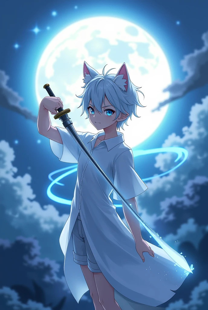 I want a male anime character with white hair blue eyes cat ears smiling in the air in front of the full moon holding a sword above his head white shirt and a blue aura around him