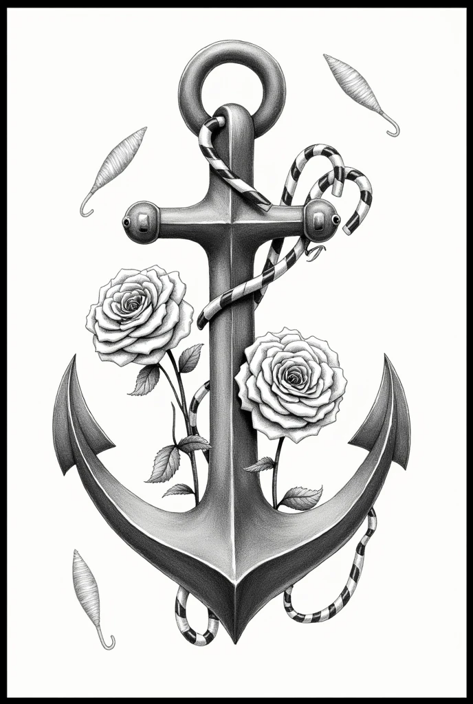 The combination of roses, anchor, candy or candy cane The output should be a sketch image, black border
