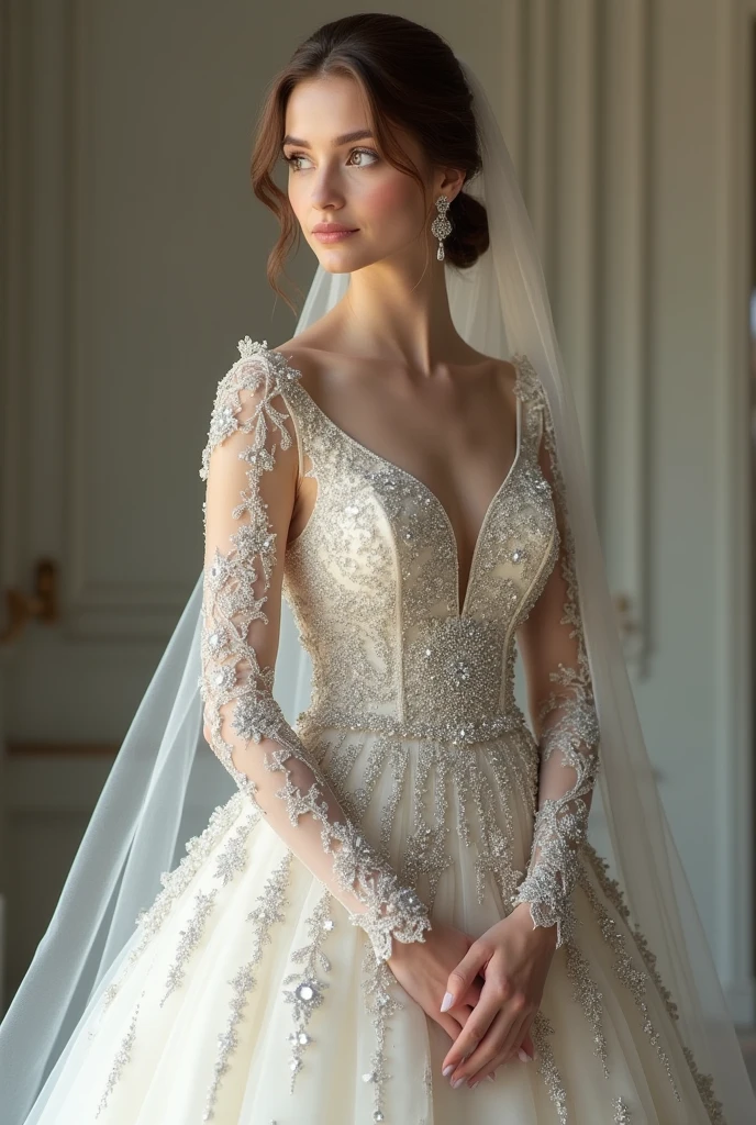 European woman model with hairstyle and veil wearing extremely luxurious diamond embroidered long sleeve wedding dress.  