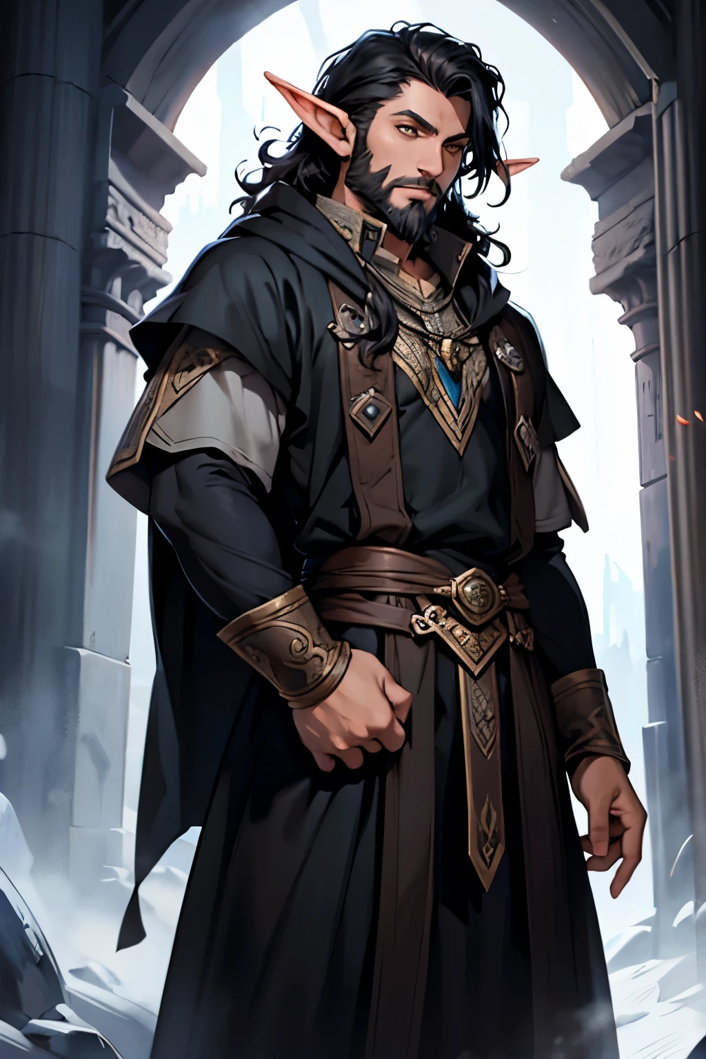 half-elf, drow, wizard, rpg adventurer, curly hair, black hair, adult, low beard, black clothes