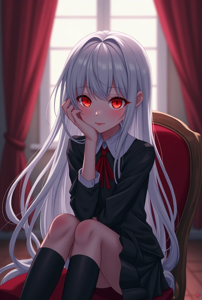 anime character with white hair and red eyes sitting on a chair, best 4k konachan anime wallpaper, 坏蛋动漫8 K, nagito komaeda, Hajime Yatate, dos arknights, ufotable art style, zerochan art, dark yandere gapmoe, portrait dark yandere gapmoe, with bright red eyes