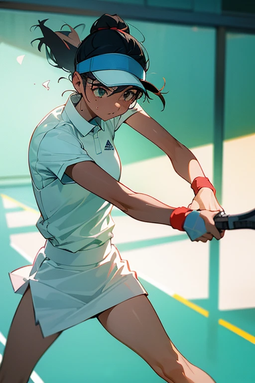 “A powerful scene capturing the resilience of a young female tennis player in her mid-20s, on a professional tennis court. The player, dressed in a sleek, white tennis outfit with a visor, stands at the baseline with a determined and focused expression. Sweat glistens on her forehead, highlighting the intensity of the match and her dedication. Her grip on the racket is firm, and her posture is strong, ready to serve again after a recent mistake.
The background features a slightly blurred audience, ensuring the focus remains on the player. The tennis court is illuminated by bright, natural sunlight, casting dynamic shadows that emphasize the player’s athletic build and poised stance. Her eyes are locked forward, symbolizing her mental shift from the previous error to her next strategic move.
The camera angle is slightly low, capturing the player from below, which adds to the sense of determination and resolve. Her expression is one of calm determination, showcasing the mental toughness needed to move past mistakes and concentrate on the next point.
The color palette includes the vibrant green of the tennis court, contrasted with the crisp white of the player’s outfit and the bright blue sky. The lighting is designed to highlight the player’s focus and readiness, underscoring the theme of resilience and mental fortitude.”