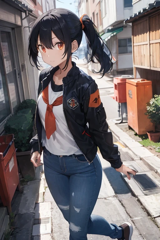 1 female, , as a  girl, aqua pony tail hair, red orange eyes, big chest, small legs, black jacket, jeans, in school