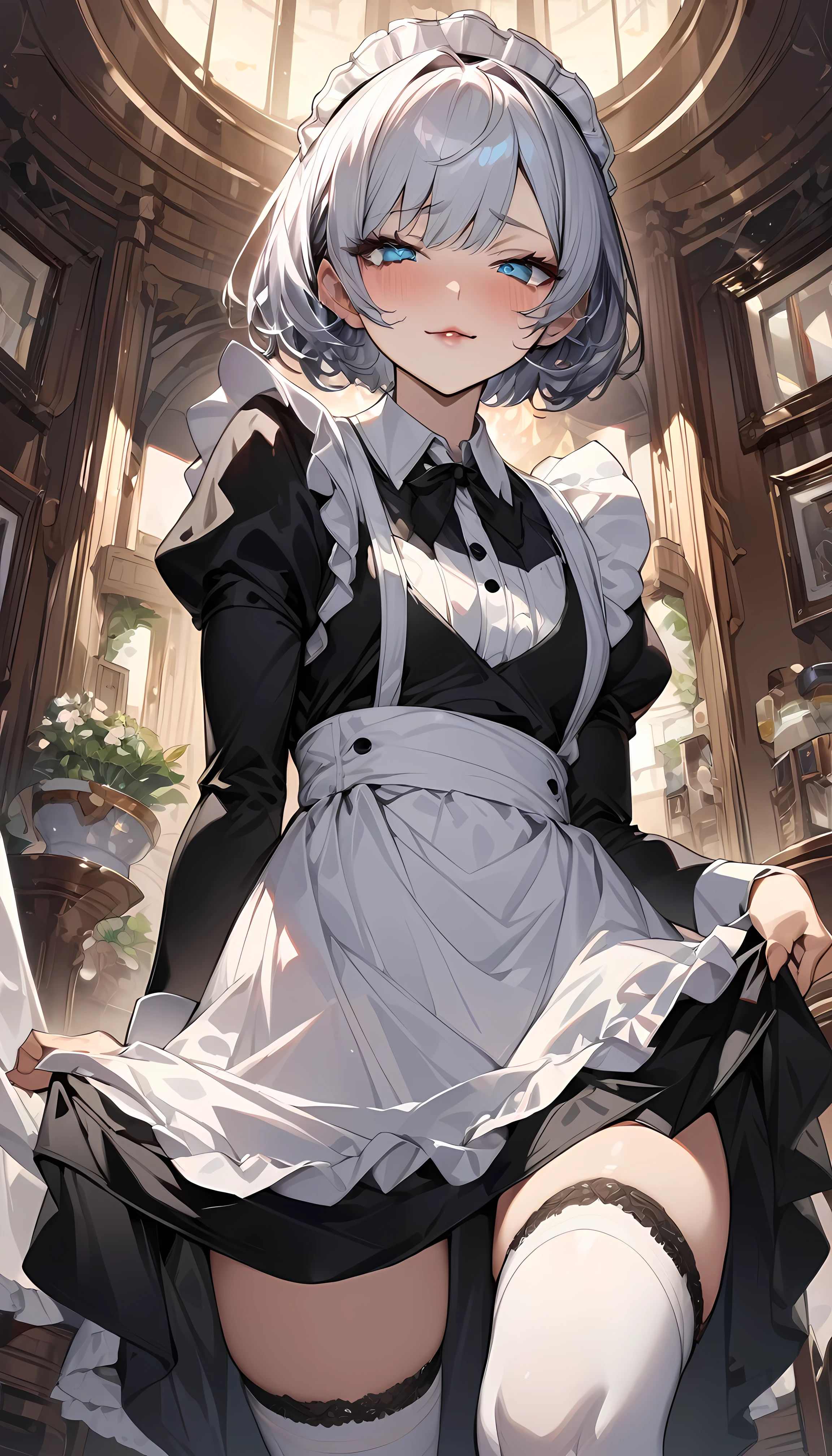 (Surreal)、(High resolution)、(8k)、(Very detailed)、(Best illustrations)、(Beautiful and detailed eyes:1.0)、Highest quality:1.0,maid,Knee-high socks,Absolute area,Natural Lip,short hair、Wink at the viewer