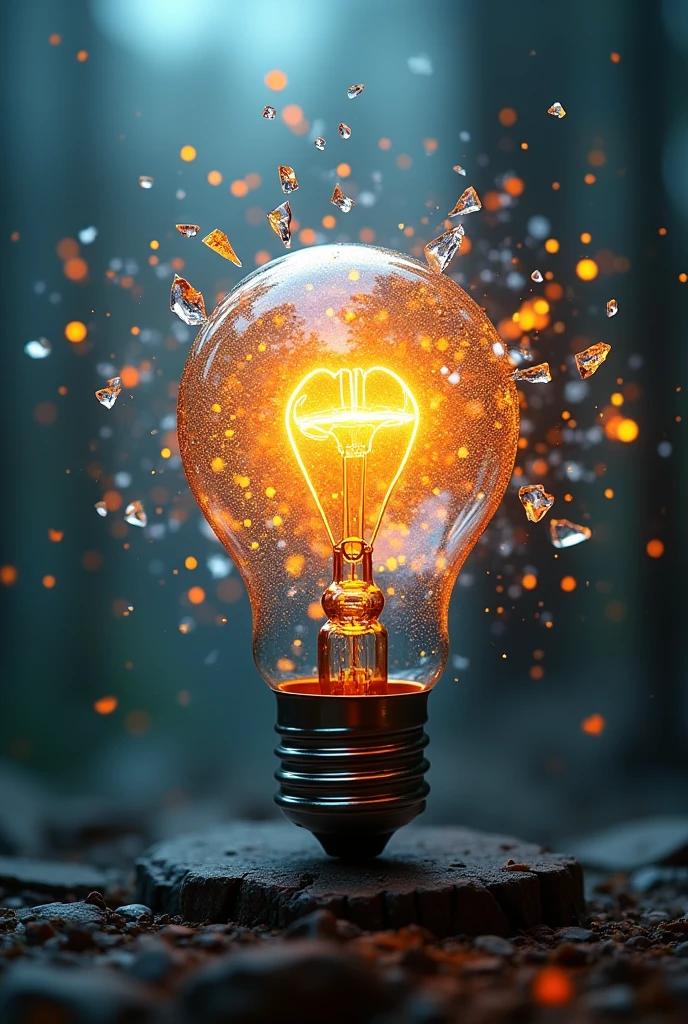 An abstract representation of a lightbulb shattering into a million creative fragments, creativity, idea explosion. copy space for text, focus cover all object, deep dept of field