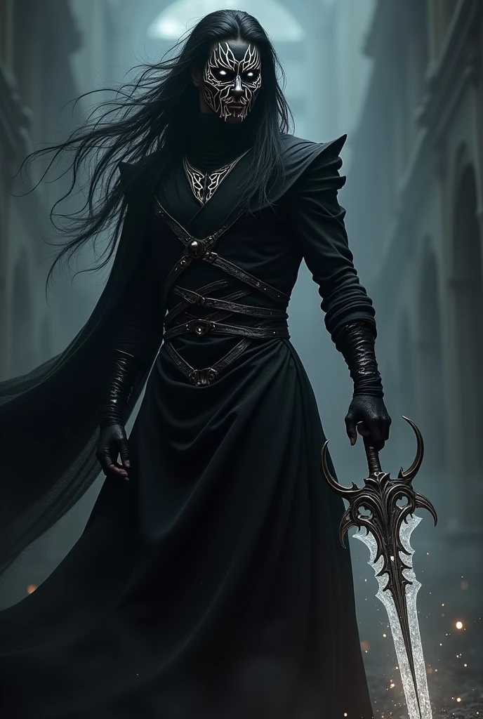 A 20 year old angry European warrior male with long black hair and no beard, luminous white eyes, and a scary black all face with luminous veins, wearing a full black outfit, holding a magical fragmented sword, standing in a dark place and looking to the left