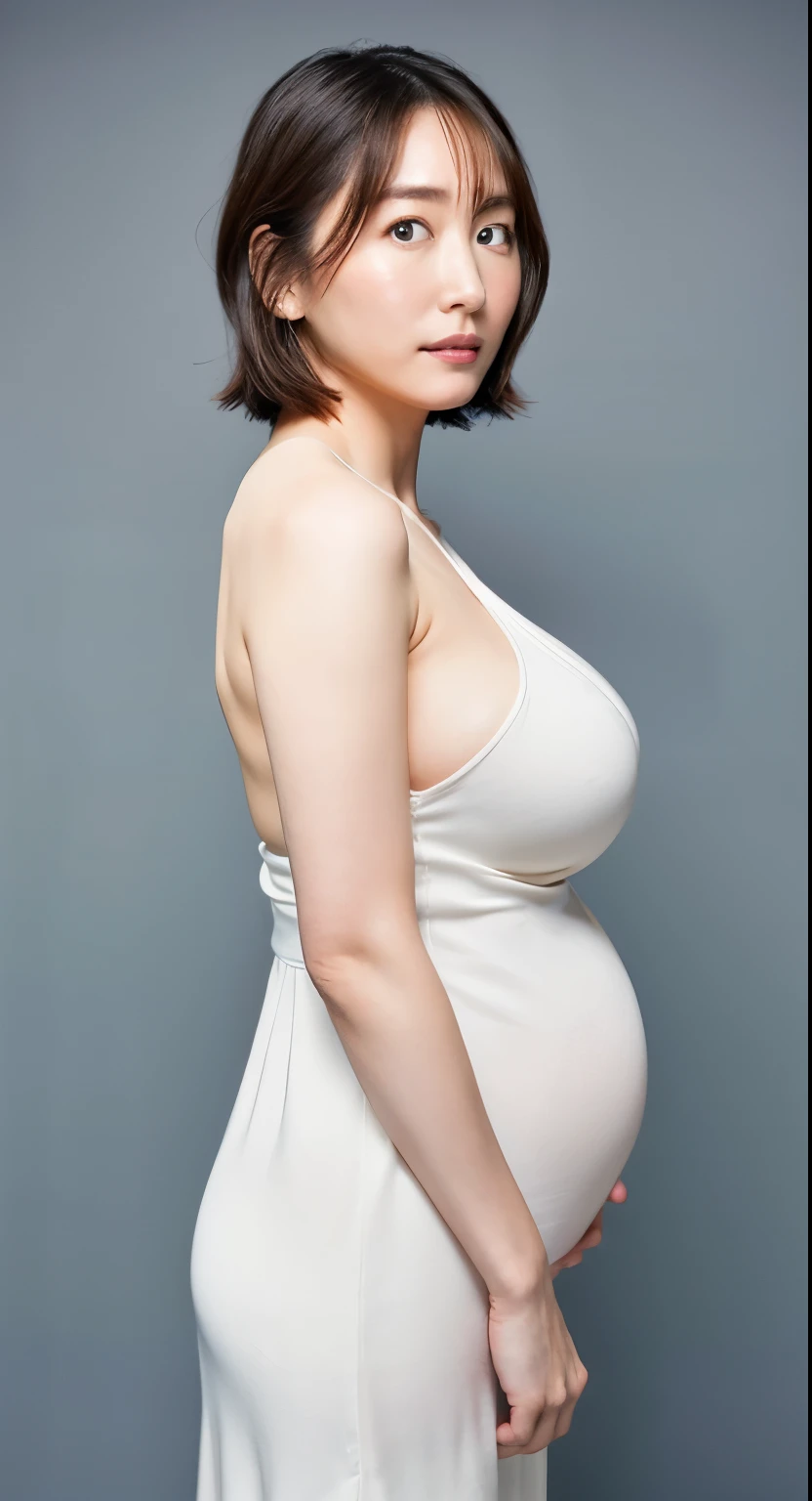 (Beautiful  Japanese female), cute face,full body,  (deeply carved face:0.7), (((Burstingly Big Breasts)))、((Tight abdomen))、(freckles:0.6), soft light,healthy white skin, shy, bob, (serious face),((Last month of pregnancy))、 (sparkling eyes), thin